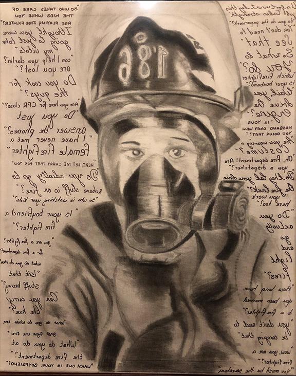 Drawing of a female firefighter with biased comments written around her.