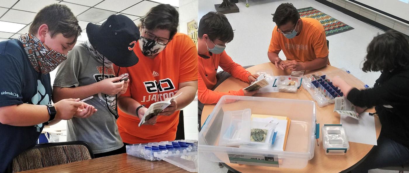 左图:Coalfield学校的老师Kristan Headrick和学生们在最近的“盒子里的实验室”活动中. 右图:彼得斯-乔伊纳学校“盒子里的实验室”活动照片.